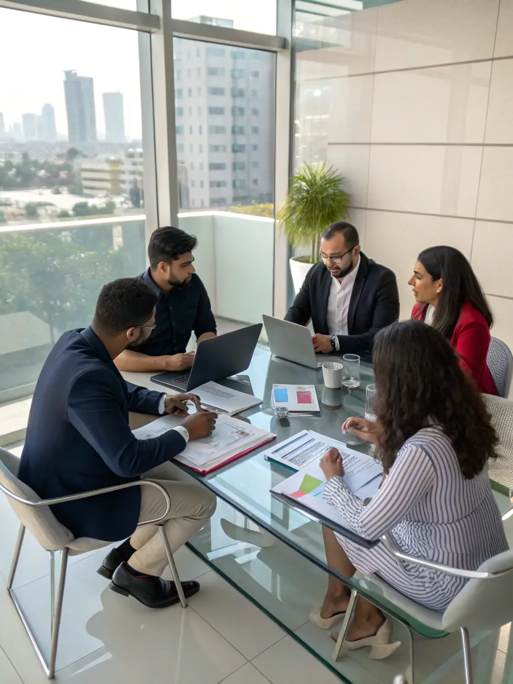 A diverse team of consultants collaborating on a project, showcasing the collaborative approach to problem-solving for Canadian clients.