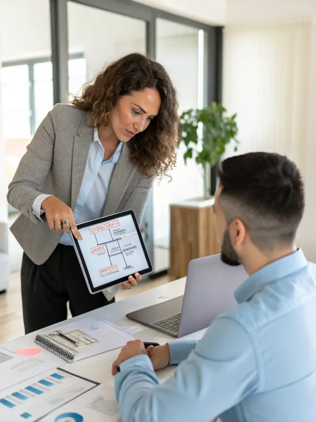 A professional consultant in a modern office setting, reviewing resource allocation charts with a client, emphasizing data-driven decision-making.