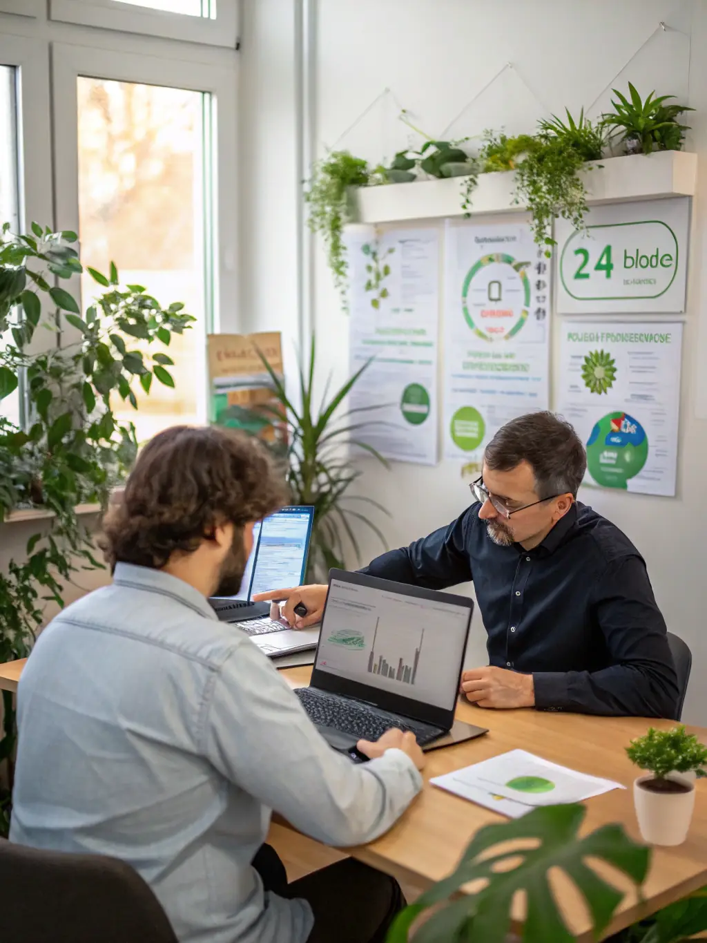 A consultant presenting a sustainability report to a client, highlighting environmental and economic benefits.